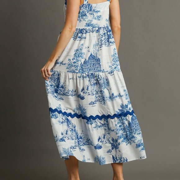 NWT Umgee Blue And White Landscape Tiered Dress With Ric Rac Trim - Picture 4 of 6